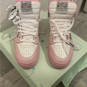 Off-White Pink and White High-Top Sneakers